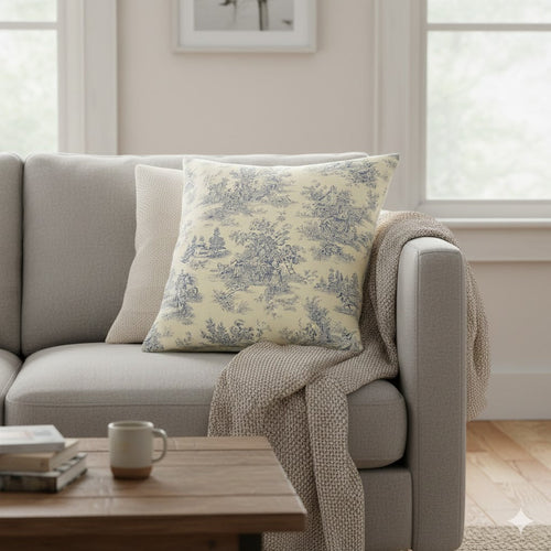 French Toile de Jouy Throw Pillow Cover - Indigo & Cream Scenic Print