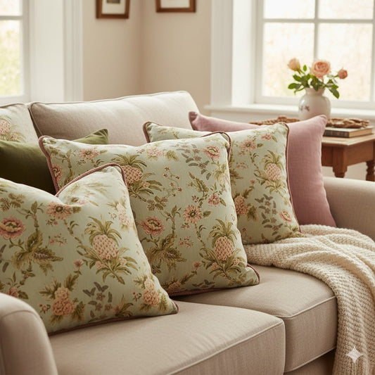 Vintage Botanical Tapestry Accent Pillow with Pink & Peach Blooms