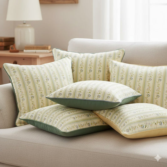 Shabby Chic Striped Floral Throw Pillow Cover - Sage Green & Powder Blue Vine Cushion