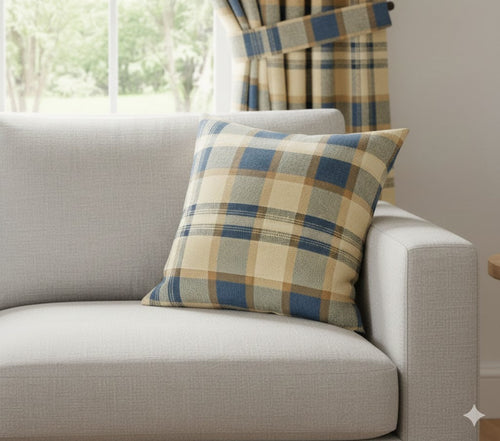 Rustic Woven Plaid Throw Pillow - Navy, Tan & Cream Buffalo Check Cushion