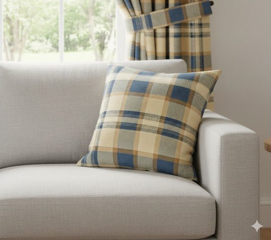 Rustic Woven Plaid Throw Pillow - Navy, Tan & Cream Buffalo Check Cushion