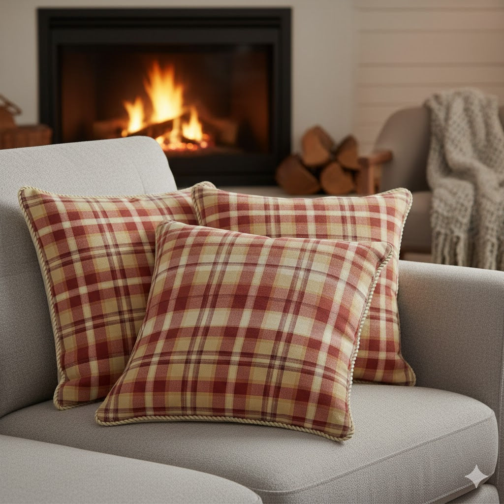 Cozy Red & Tan Plaid Throw Pillow - Classic Tartan Check Decorative Cushion with Rope Trim for Farmhouse/Cabin Decor