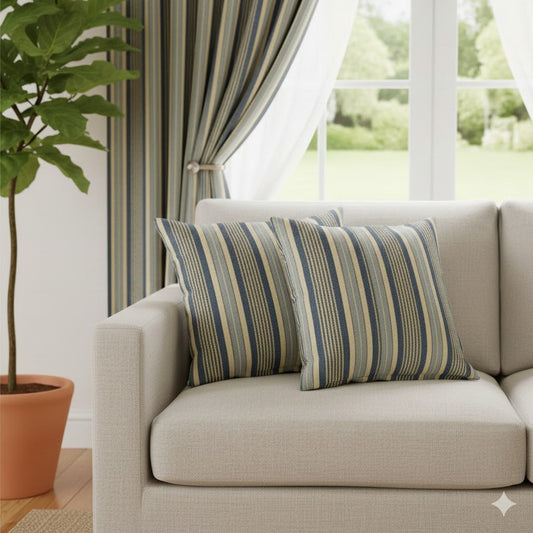 Coastal Stripe Throw Pillow - Navy, Blue & Khaki Accent Cushion