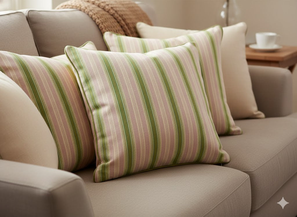 Rustic Sage Green & Blush Stripe Throw Pillows - Farmhouse Cushion Covers