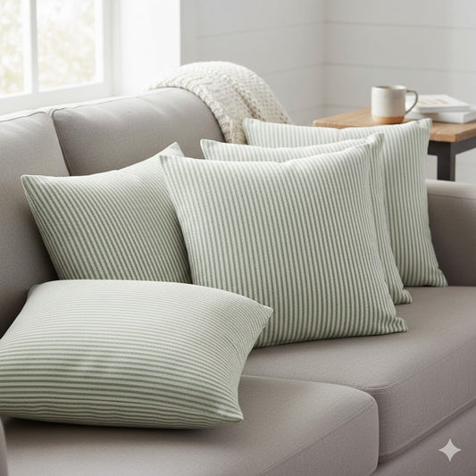 Sage Green Ticking Stripe Throw Pillow Cover - Farmhouse Decor