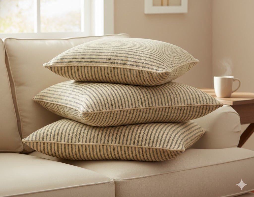 Farmhouse Ticking Stripe Throw Pillow Cover - Navy Pinstripe on Natural Tan