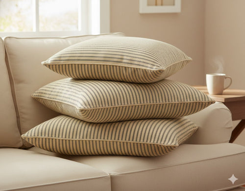 Farmhouse Ticking Stripe Throw Pillow Cover - Navy Pinstripe on Natural Tan