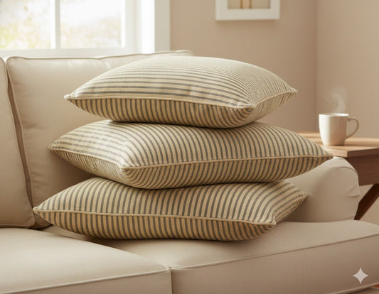 Farmhouse Ticking Stripe Throw Pillow Cover - Navy Pinstripe on Natural Tan