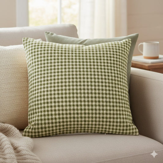 Olive Green Gingham Check Throw Pillow - Rustic Farmhouse Accent Cushion