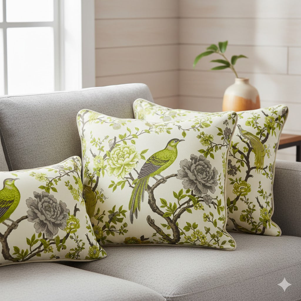 Chinoiserie Chic Throw Pillow | Lime Green & Charcoal Bird & Floral Accent Cushion | Decorative Lumbar & Square Options