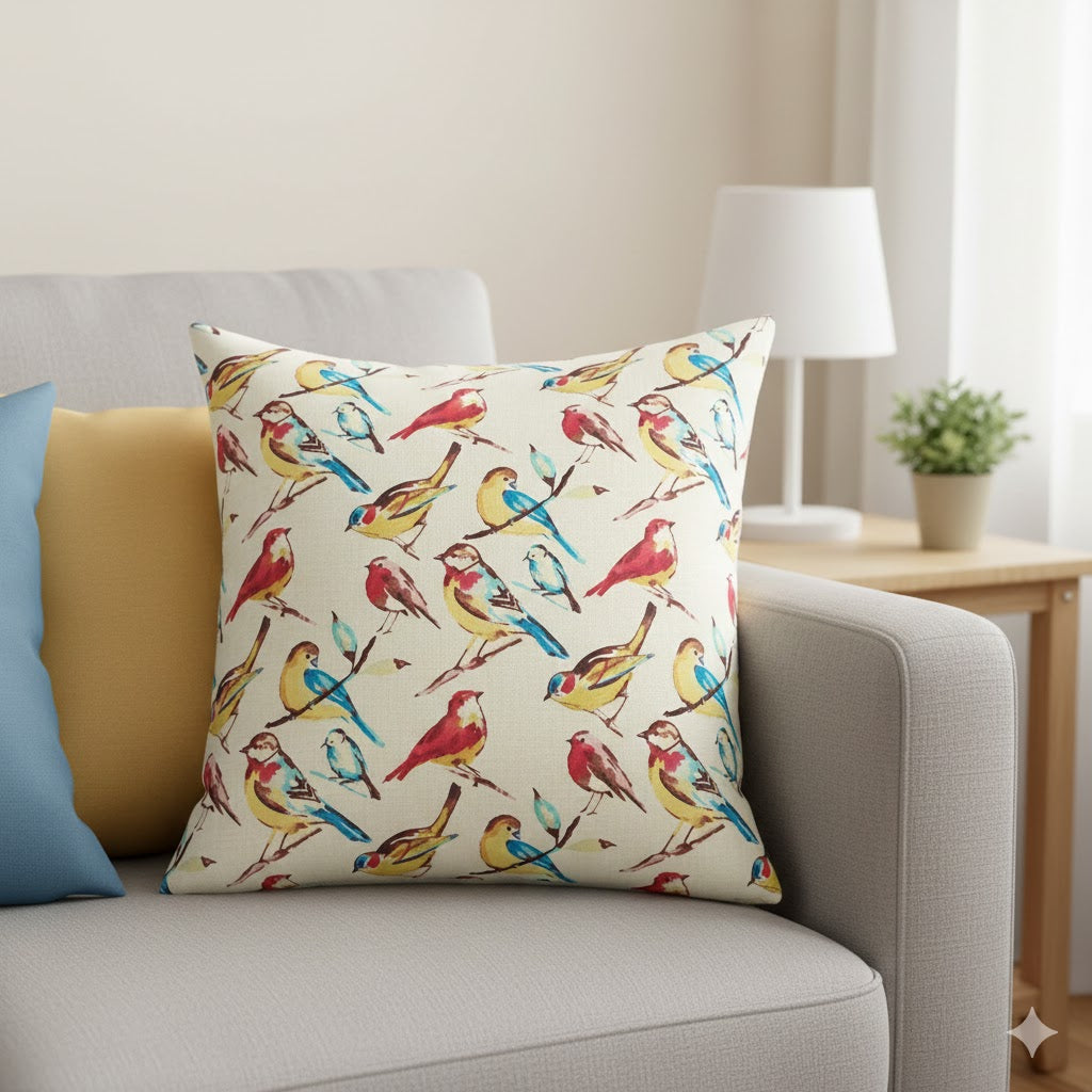Vibrant Watercolor Bird Throw Pillow - Red, Yellow & Blue Decorative Cushion Cover
