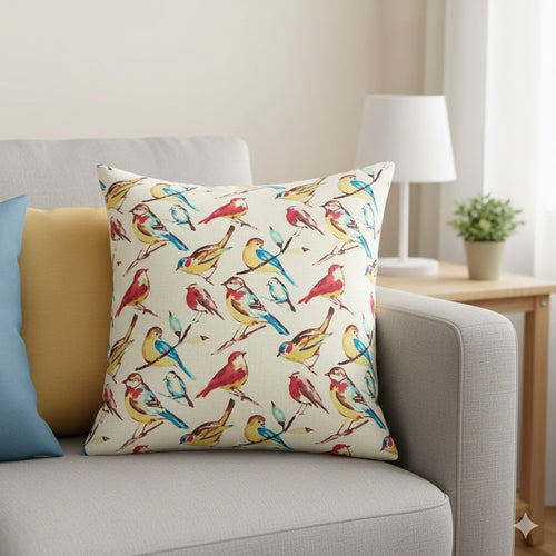 Vibrant Watercolor Bird Throw Pillow - Red, Yellow & Blue Decorative Cushion Cover