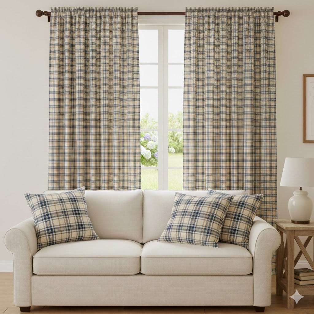 Rustic Farmhouse Plaid Throw Pillow Cover - Navy Blue, Tan, and Beige Check Cushion