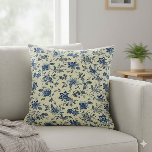 Vintage Blue Floral Chintz Throw Pillow – Classic Cream & Navy Decorative Cushion for Sofa, Bed & Armchair
