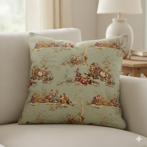 Sage Green Toile de Jouy Throw Pillow - French Country Accent Cushion