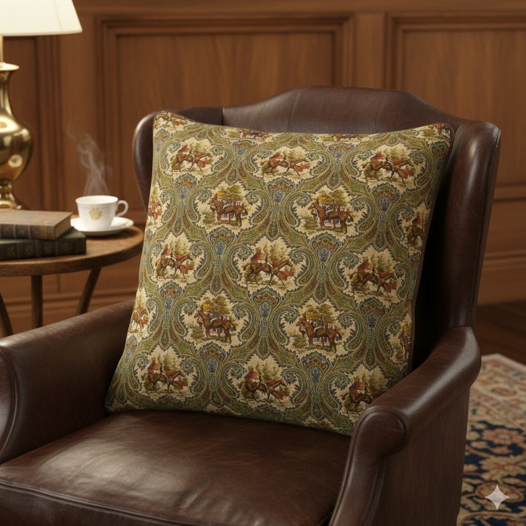 Grand Paisley & Equestrian Scene Decorative Throw Pillow Cover | Vintage Library Decor