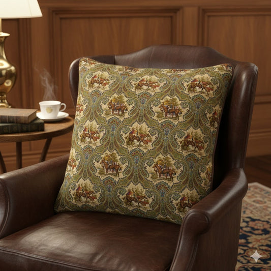 Grand Paisley & Equestrian Scene Decorative Throw Pillow Cover | Vintage Library Decor