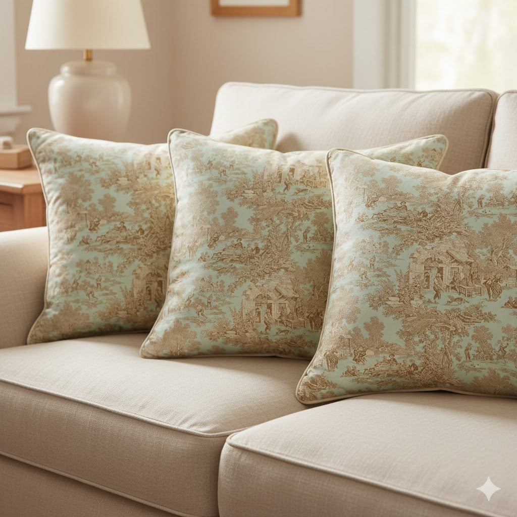 French Toile de Jouy Throw Pillow - Pale Aqua & Sepia Countryside Cushion