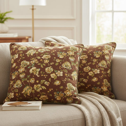 Vintage Chinoiserie Floral Throw Pillow - Goldenrod & Brown Decorative Cushion | Luxury Upholstery Accent for Sofa & Bed