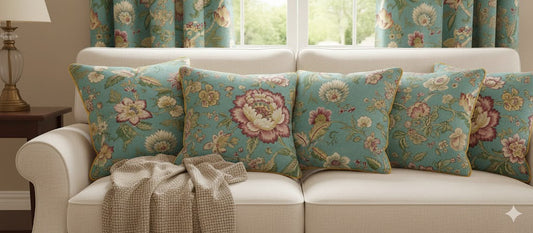 Aqua Chinoiserie Floral Throw Pillow Cover | Luxury Teal Botanical Cushion | Designer Accent Pillow with Blush Pink & Gold