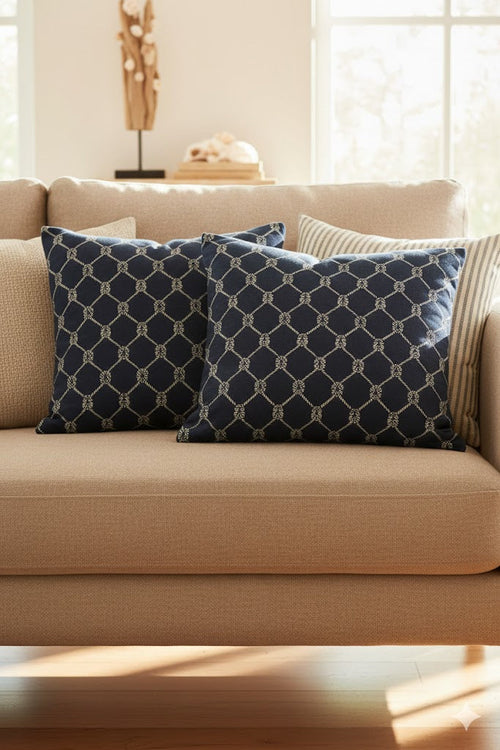 Nautical Rope Knot Throw Pillow - Navy Blue Coastal Decorative Cushion