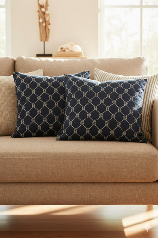 Nautical Rope Knot Throw Pillow - Navy Blue Coastal Decorative Cushion