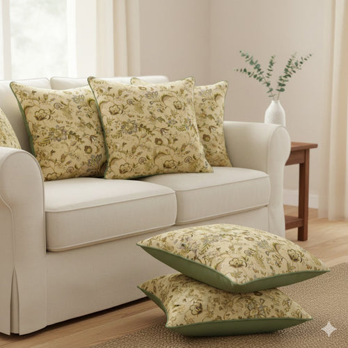 Traditional Jacobean Floral Throw Pillow | Beige & Sage Green Chintz Accent Cushion