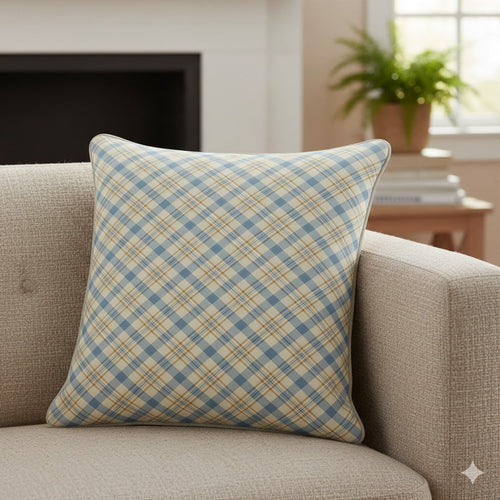 Classic Sky Blue & Tan Plaid Throw Pillow | Cozy Tartan Check Accent Cushion for Sofa & Bed