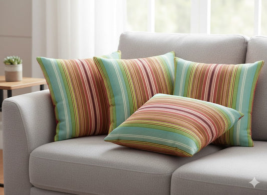 Bohemian Multi-Stripe Throw Pillow - Terracotta & Teal Accent Cushion