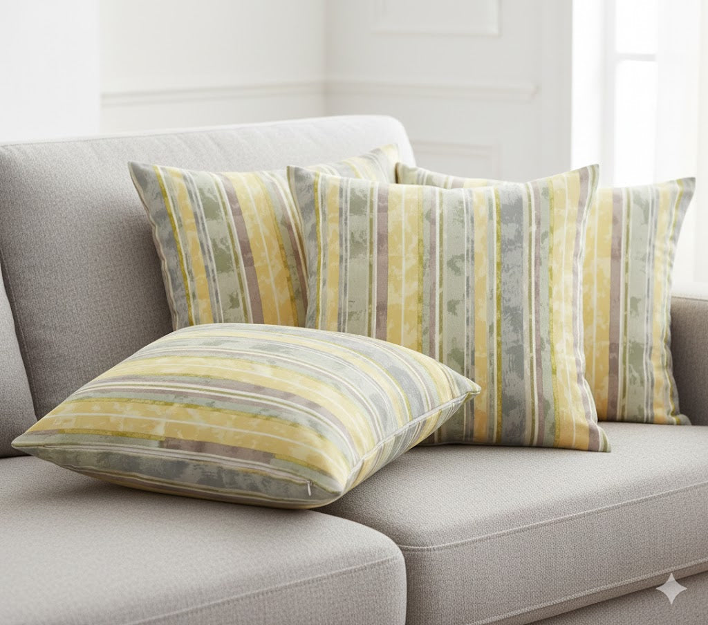 Vintage Washed Stripe Throw Pillow Cover - Sage Green, Yellow & Grey Farmhouse Cushion