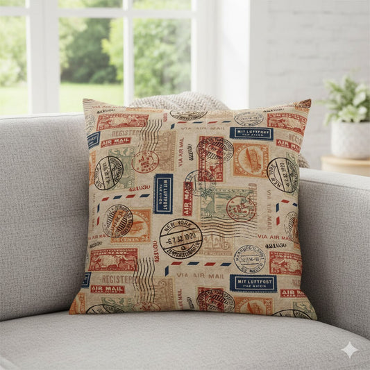 Vintage Air Mail Stamp Throw Pillow Cover - Retro Postcard Travel Theme Cushion Case - Antique Postal Decor