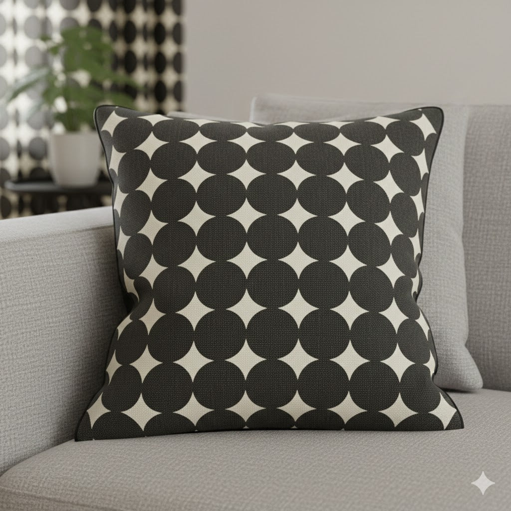 Mid-Century Modern Geometric Dot Throw Pillow - Black & Cream
