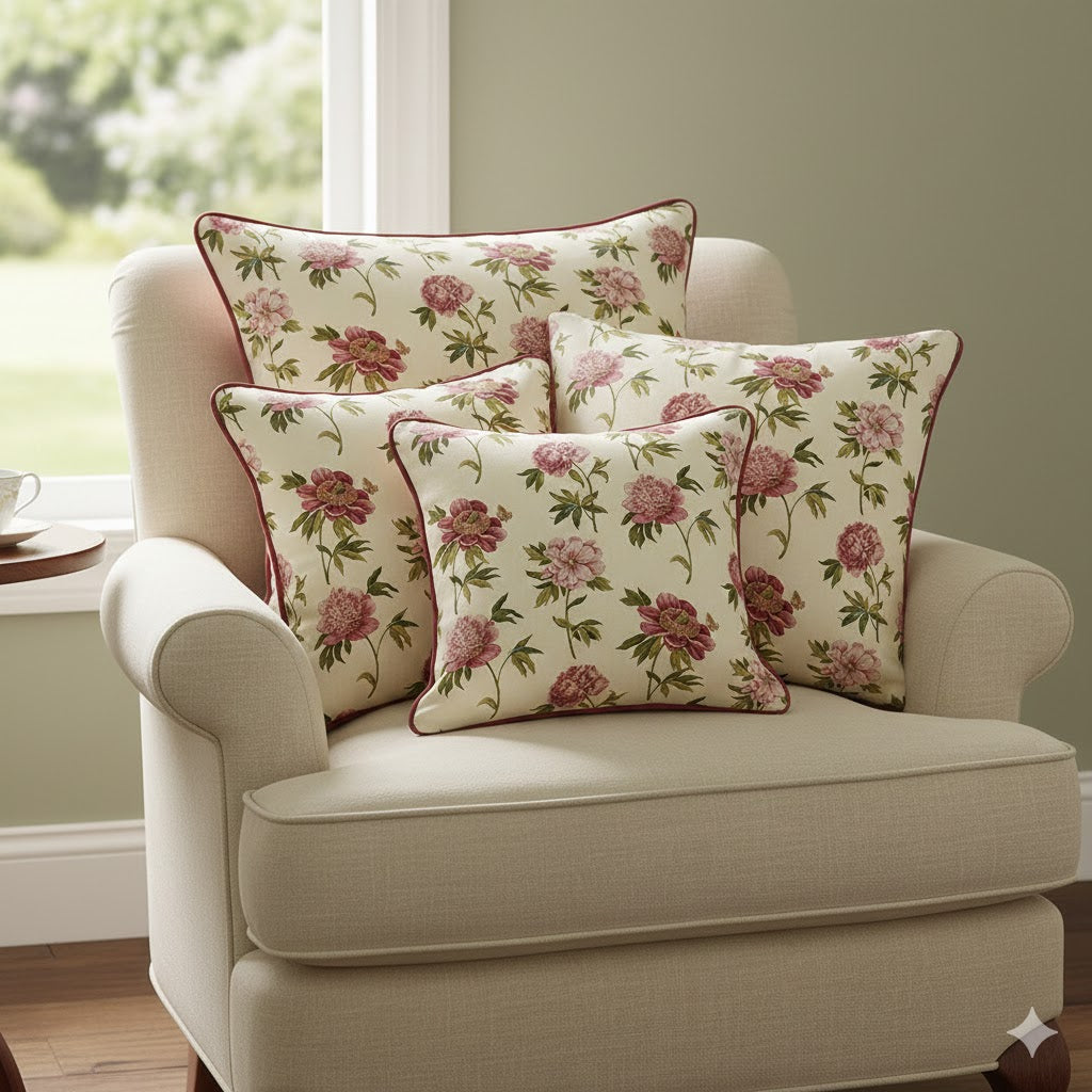 Vintage Peony Floral Throw Pillow Covers | Crimson & Pink Botanical Cushion | Decorative Chintz Accent Pillow for Sofa & Chair
