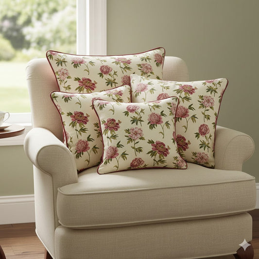 Vintage Peony Floral Throw Pillow Covers | Crimson & Pink Botanical Cushion | Decorative Chintz Accent Pillow for Sofa & Chair