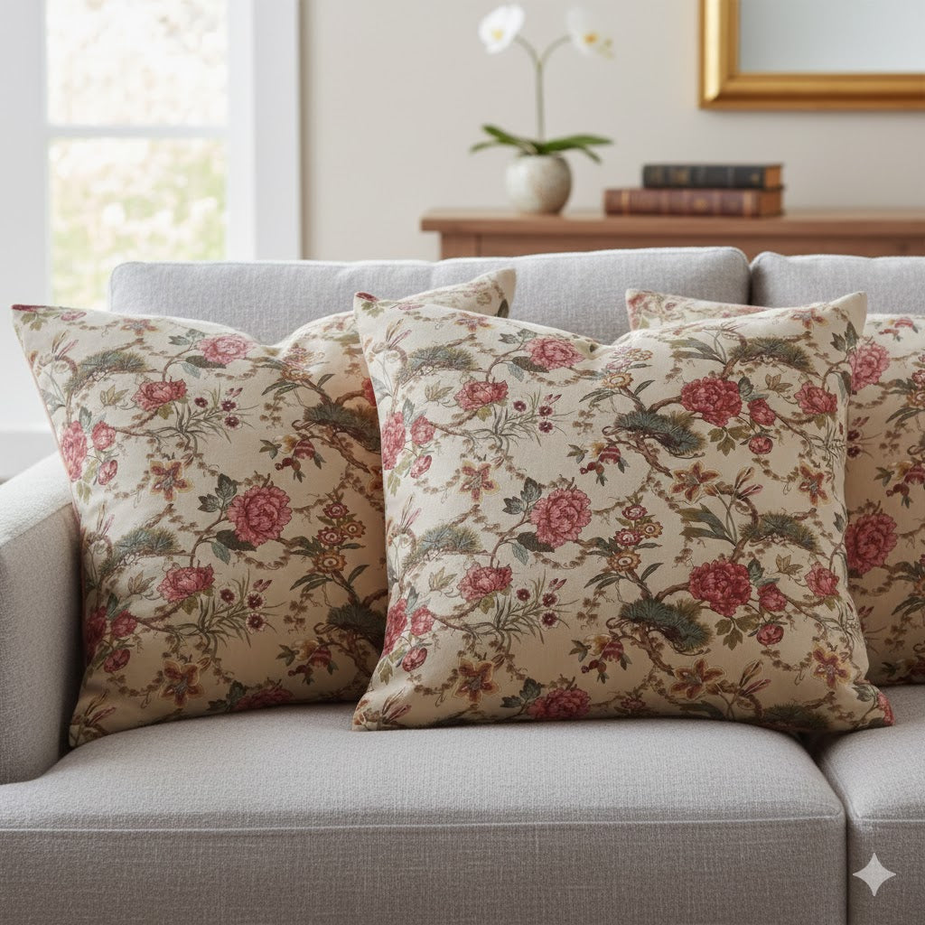 Chinoiserie Floral Throw Pillow - Dusty Rose Peony & Sage Accent Cushion
