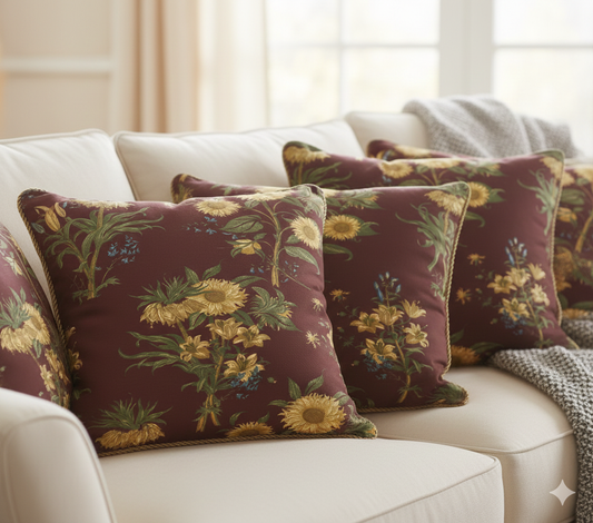 Victorian Botanical Floral Throw Pillow - Burgundy Sunflower & Lily Print