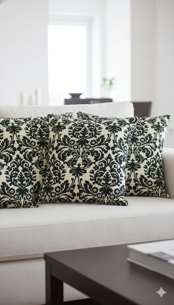 Regal Black Damask Throw Pillow | Ivory Baroque Accent Cushion