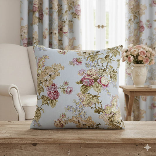 Vintage English Garden Throw Pillow Cover - Shabby Chic Antique Rose Floral Cushion on Pale Blue