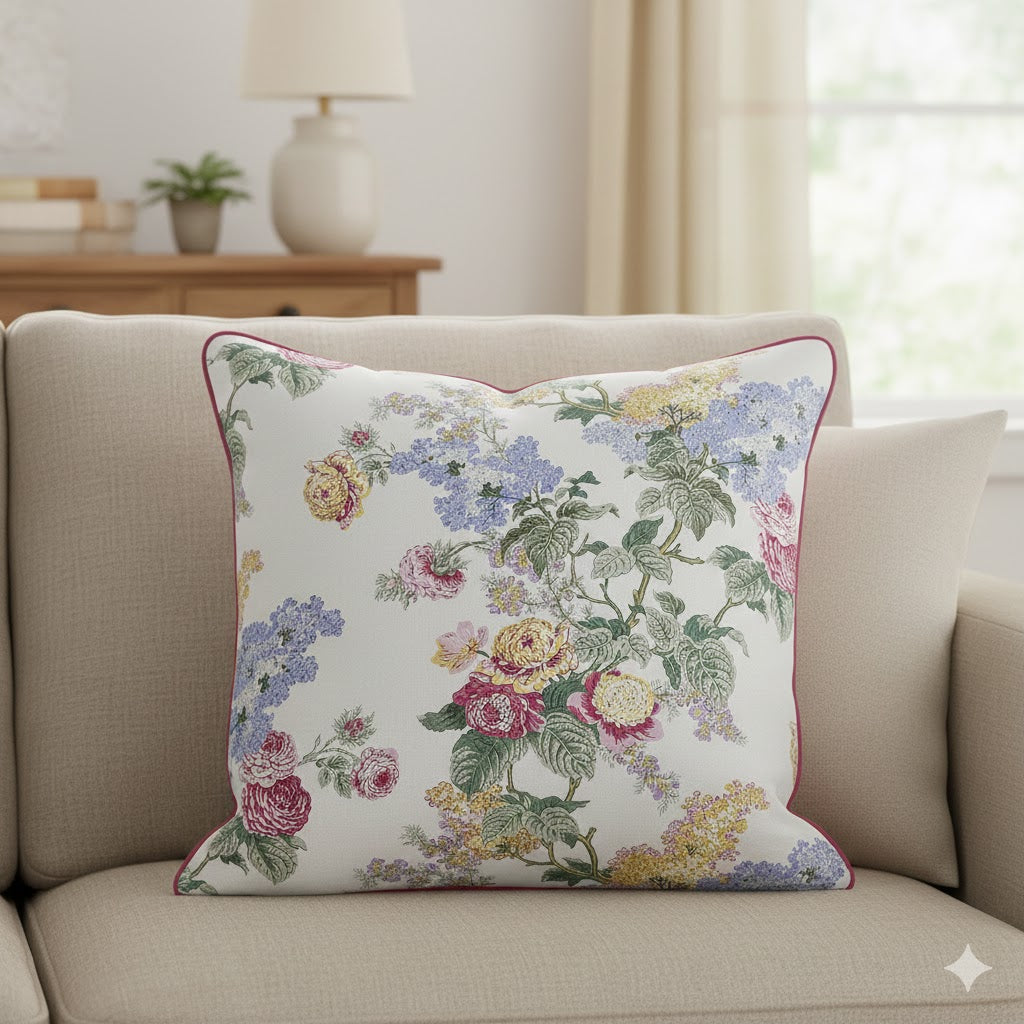 French Country Floral Throw Pillow | Shabby Chic Rose & Lilac Accent Cushion