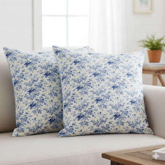 Blue & White Toile Floral Throw Pillow Cover - French Country Decorative Cushion