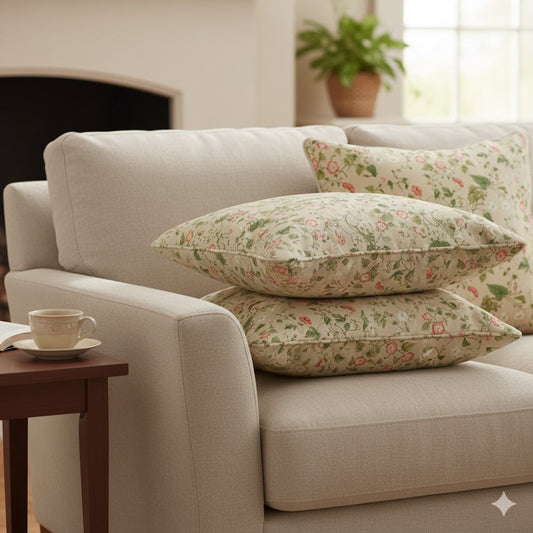 Vintage Cottage Floral Throw Pillow Cover - Coral Red & Green Morning Glory Print Cushion - Shabby Chic Beige Accent