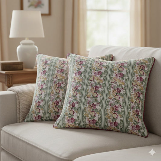 Victorian Rose Stripe Throw Pillow - Elegant Vintage Floral Cushion Cover