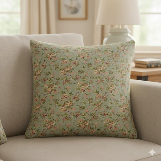 Vintage Rosebud Floral Throw Pillow - Shabby Chic Sage Green Cushion Cover - Cottagecore Accent Pillow for Sofa & Bed
