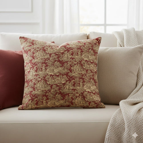Bordeaux Red Toile de Jouy Decorative Pillow - French Country Accent Throw Cushion