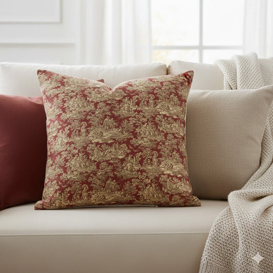 Bordeaux Red Toile de Jouy Decorative Pillow - French Country Accent Throw Cushion