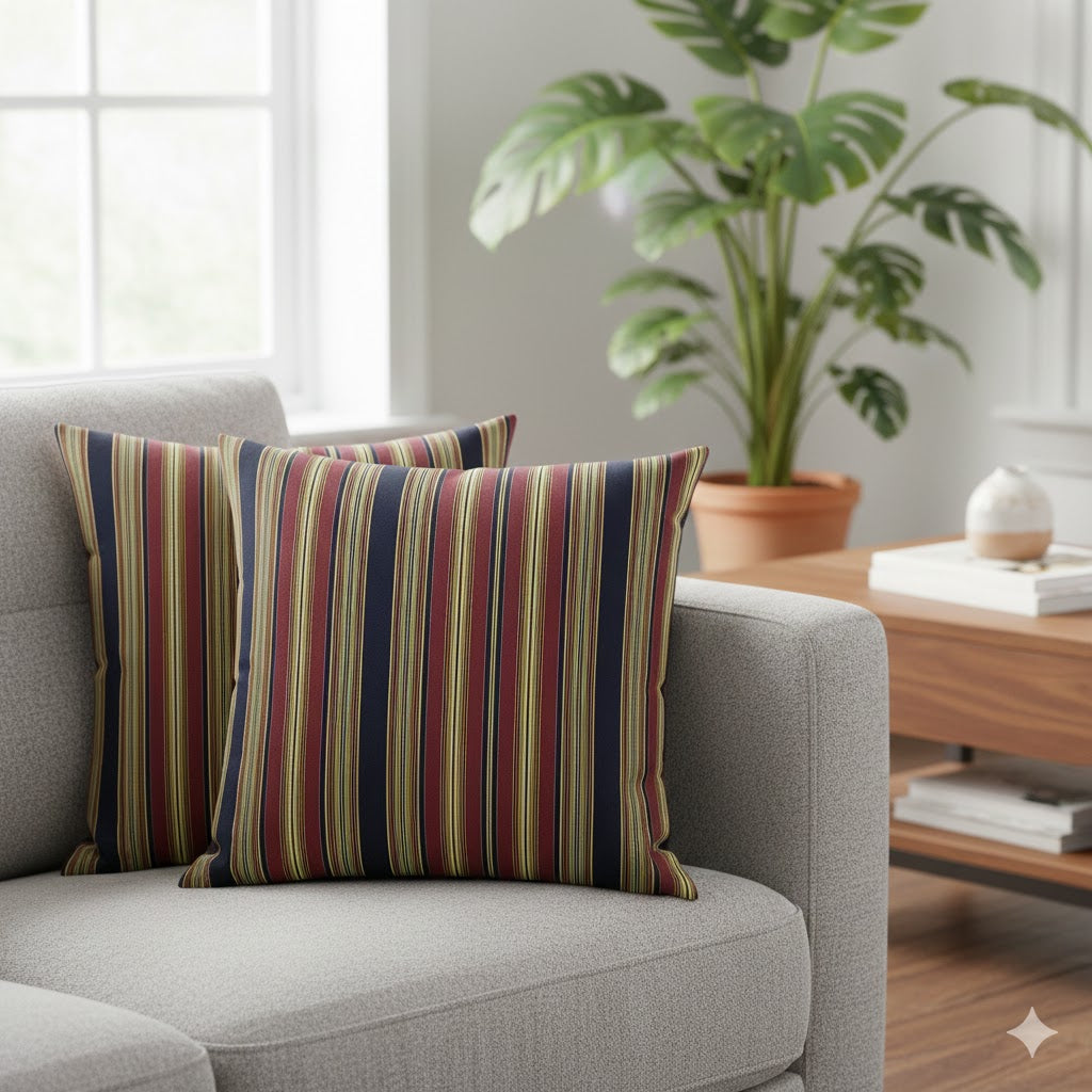 Classic Multi-Stripe Throw Pillow - Navy, Burgundy & Gold Accent Cushion