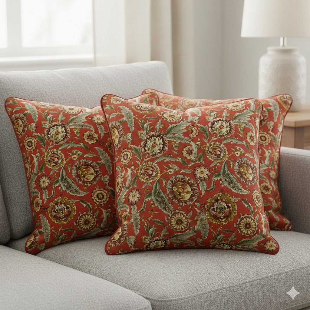 Luxury Terracotta Red Jacobean Floral Throw Pillow Cover | Rust and Gold Botanical Cushion