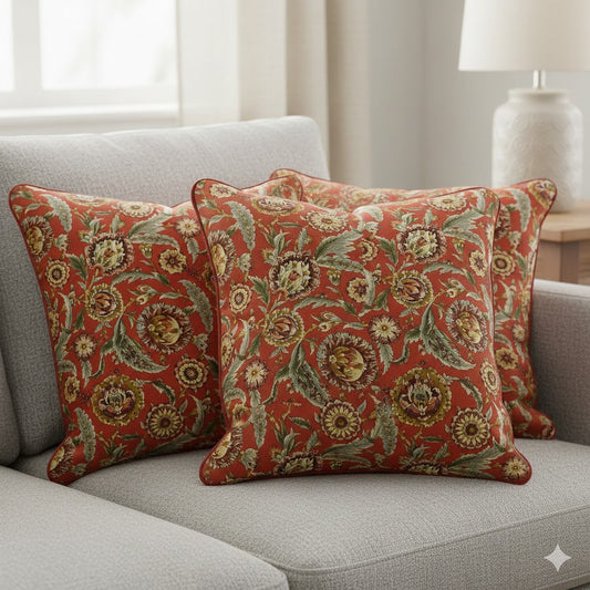 Luxury Terracotta Red Jacobean Floral Throw Pillow Cover | Rust and Gold Botanical Cushion