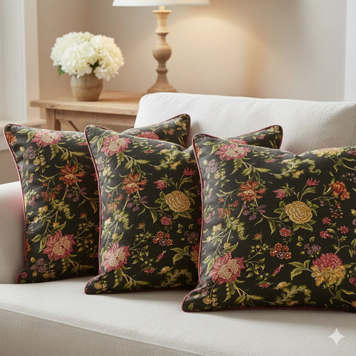 Luxury Jacobean Floral Throw Pillow - Dark Botanical Chinoiserie Accent Cushion - Vintage Rose & Gold Design