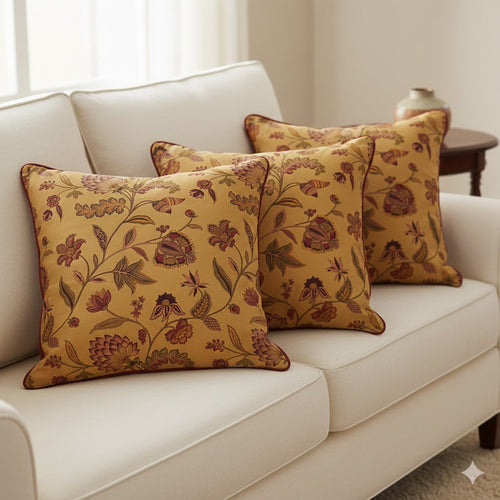 Kalamkari Print Throw Pillow Cover | Rustic Indian Chintz Floral Cushion | Mustard Gold & Burgundy Accent Pillow